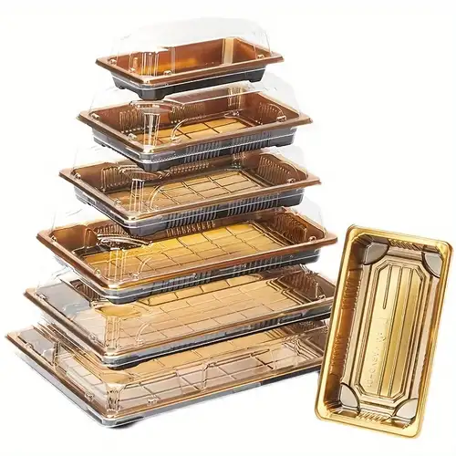 fbbc1a9e-536d-4f5b-94ac-6132a9348f83 Gold trays with transparent lids 22cm by 9cm by 5cm - pack of 5 - Image 1